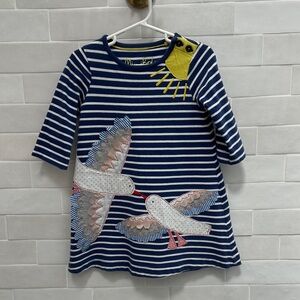 Mini Boden Navy and White Striped Dress with Yellow Sun and Bird Appliqués